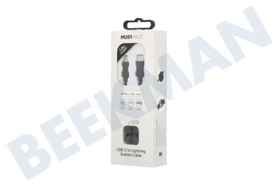 Musthavz MHBRCABUSBLIGHTB Musthavz Cable trenzado USB-C a Lightning de 1,0 metros, negro