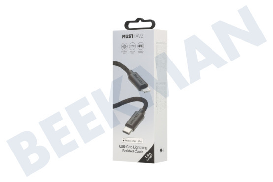 Musthavz MHBRCABUSBLIGHTB Musthavz Cable trenzado USB-C a Lightning de 1,0 metros, negro