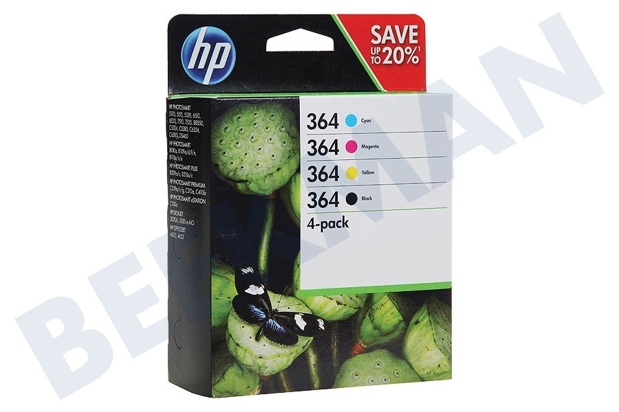 HP Hewlett-Packard N9J73AE Cartucho de tinta No. 364 Combo paquete de 4 BK / C / M / Y