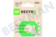 GP GPRCK65AAA680C2  LR03 ReCyko + AAA 650 - 2 baterías recargables adecuado para entre otros 650mAh NiMH