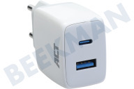 ACT  AC2122 Cargador USB-C y USB-A de 20 vatios con suministro de energía adecuado para entre otros Entrega de energía PPS, carga rápida, GaNFast