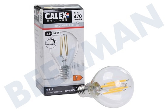 Calex  1101004200 Lámpara de bola LED de filamento recto, transparente, 4,5 W, E14