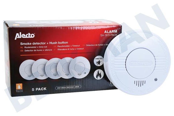 Alecto  SA-18 5-PACK Detector de humo con botón de prueba / tiempo de espera, 5 piezas