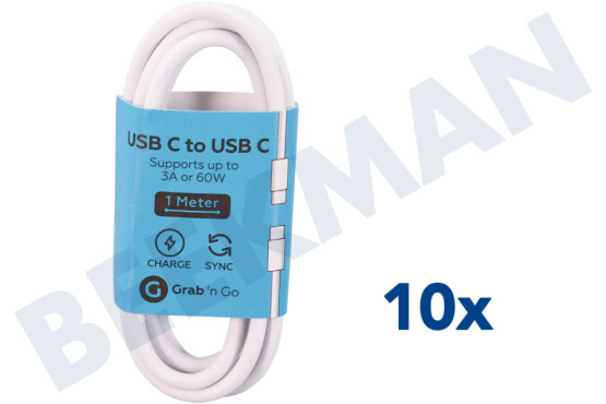 Grab 'n Go  Cable USB Cable USB Tipo C a USB Tipo C, Blanco, 1 metro