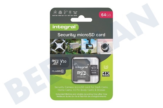 Integral  INMSDX64G10-SEC 64GB Seguridad Micro SD 4K V30 UHS-1U3 A1 Clase 10
