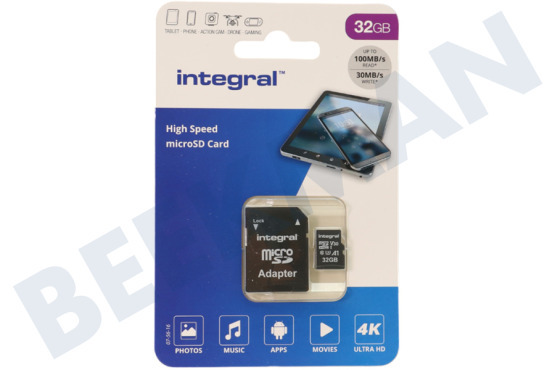 Integral  INMSDH32G-100V30 Tarjeta micro SDHC de alta velocidad V30 de 32 GB