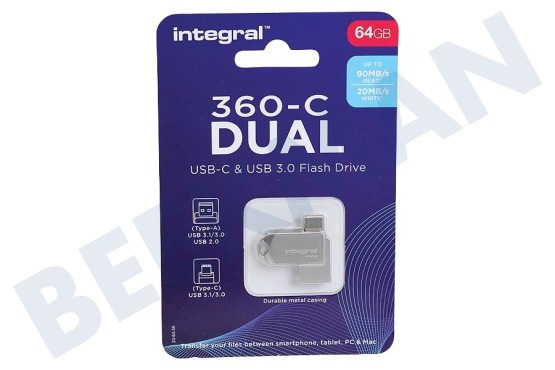 Integral  Unidad flash 360-C Dual Typer-C y USB 3.0 de 64 GB